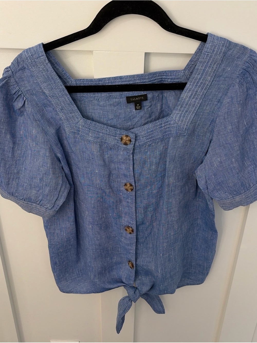 Talbots Light Blue Linen Square Neck Tie-Front Blouse